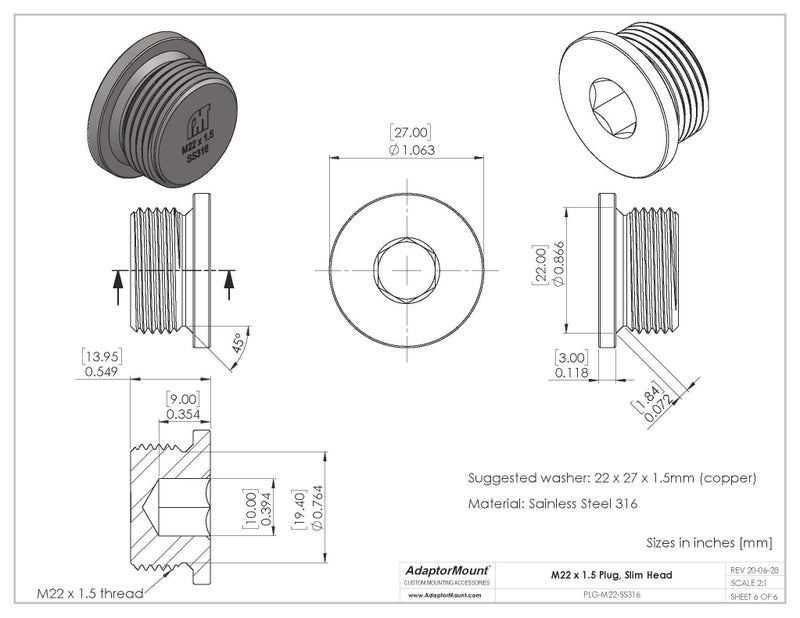 AdaptorMount M22 x 1.5 Stainless Steel 316 Slim Round Head Allen Key Slotted Plug with Copper Washer - Image 4